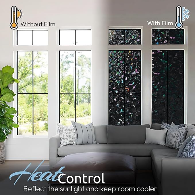 rabbitgoo Window Privacy Film Rainbow Film Decorative Window Sticker, 3D Static Stained Glass Cling Tint for Room Darkening Day Sleep, Black, 17.5 x 157.4 inches
