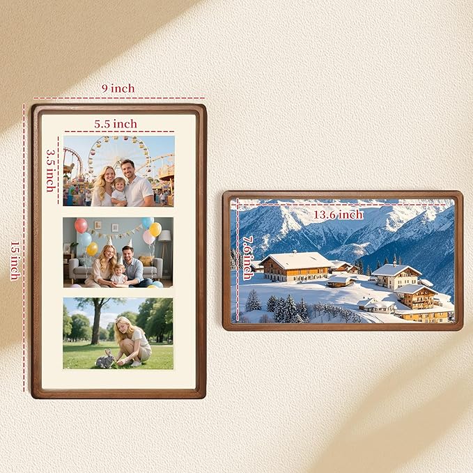 8x14 Collage Picture Frame Walnut Wood, Multiple Three 4x6 Photos or 8x14 without Mat, Rustic Photo Frame with Tempered Glass Hanging Displaying Horizontally or Vertically