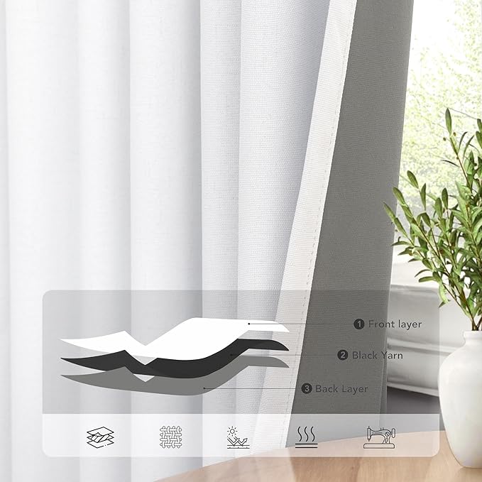 Blackout Curtains 108 Inch Long 2 Panels Burg Sound Curtains Noise Reducing Heavy Drapes 108 Inches Length Faux Linen Farmhouse Floor to Ceiling Curtain for Living Room Office Back Tab 9 ft Tall White