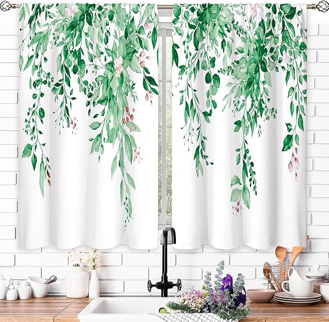 Emerald Teal Eucalyptus Botanical Leaves Floral Kitchen Window Curtains Over Sink Farmhouse Flower Spring Small Treatment Cafe Short Curtains for Bathroom Treatment Tier Drapes 27.5x39 inch
