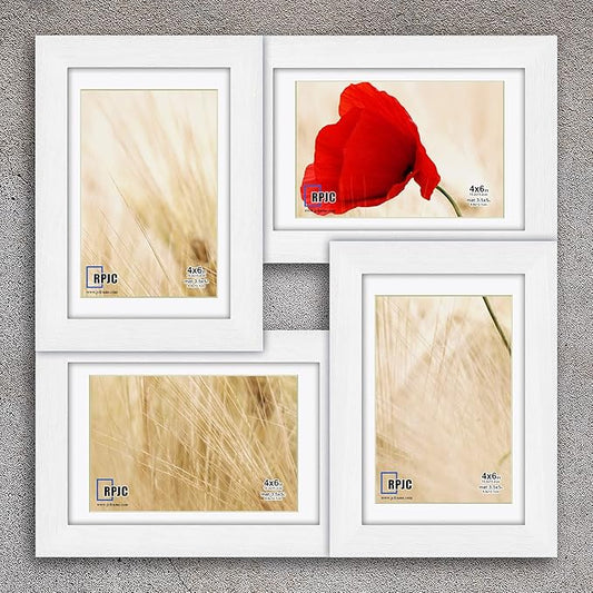 RPJC 4x6 Solid Wood Collage Picture Frame with High Definition Glass Display 4-opening Family Multi Photo Frames For Wall Hanging White