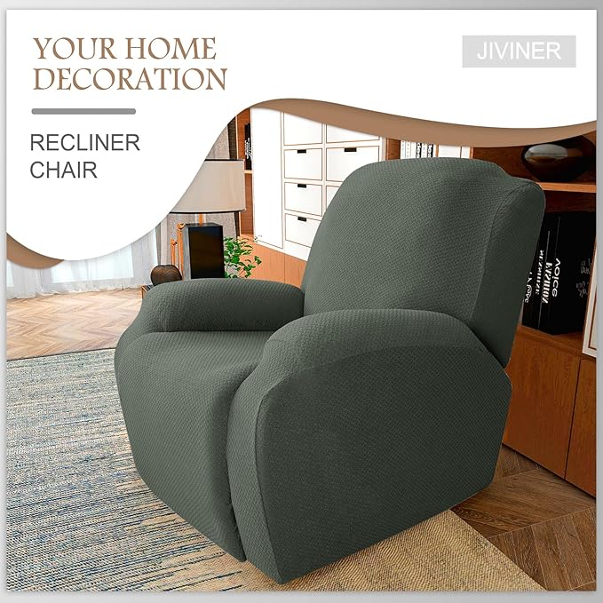 JIVINER 4-Piece Recliner Chair Covers Stretch Jacquard Covers for Reclining Chair Recliner Slipcovers for Living Room Soft Recliner Protector with Pocket (Recliner, Army Green)