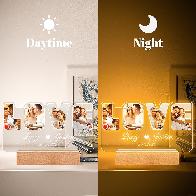 Custom Picture Frames with Photo, Personalized Photo Frame with Night Light, Customized Picture Frame, Personalized Anniversary Couple Gifts for Women Men Her Him Girlfriend Boyfriend