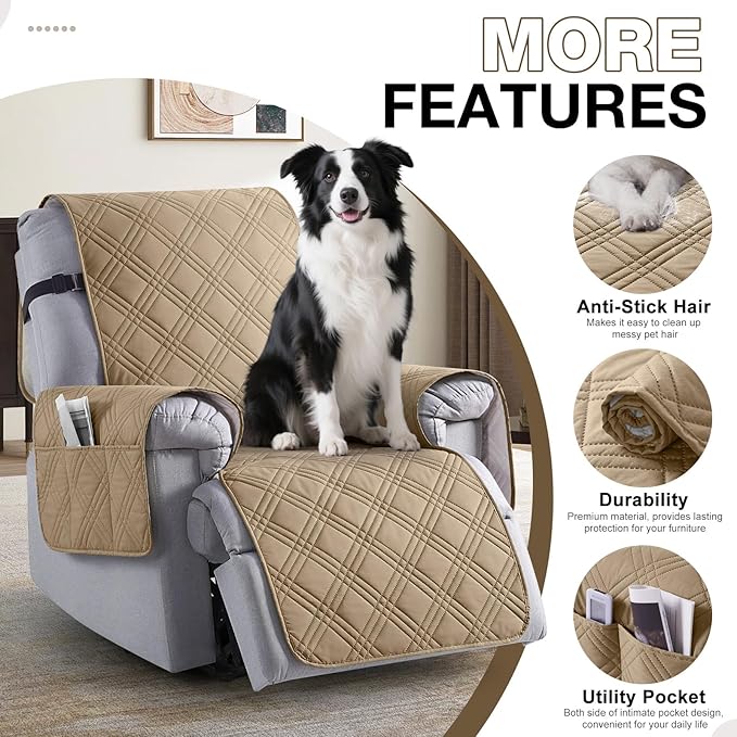 TAOCOCO 100% Waterproof Recliner Chair Covers, Non Slip Recliner Covers for Recliner Chair with Pocket, Washable Reclining Chair Cover Furniture Protector for Kids,Dogs(22'', Camel)