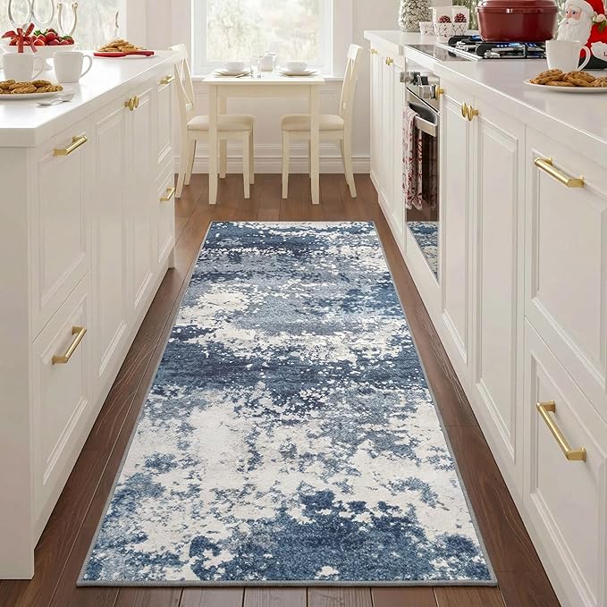 Blue Rug Runners for Hallways Kitchen 2.6x8 Non Slip Washable Entryway Runner Rugs with Rubber Backing 8ft Long Carpet Runner for Laundry Bedroom, Low Pile Stain & Fade Resistant, Abstract Navy