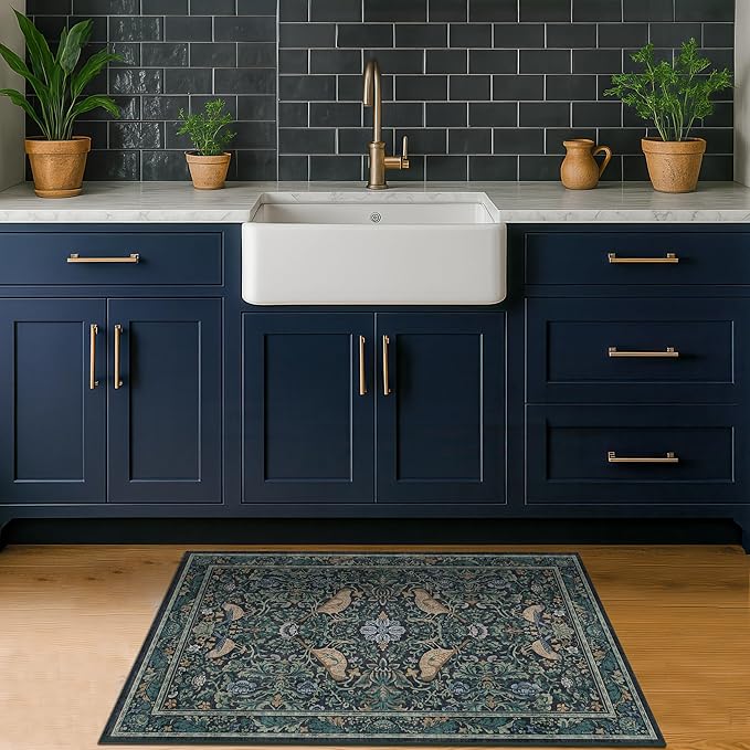 Hazo Haus Washable Floral Small 2x4 Thin Door Mats for Inside Entry, Dark Blue Bird Non Slip Kitchen Rug, Low Pile Bathroom Rug, Traditional Carprt for Bedroom Besdide Bed