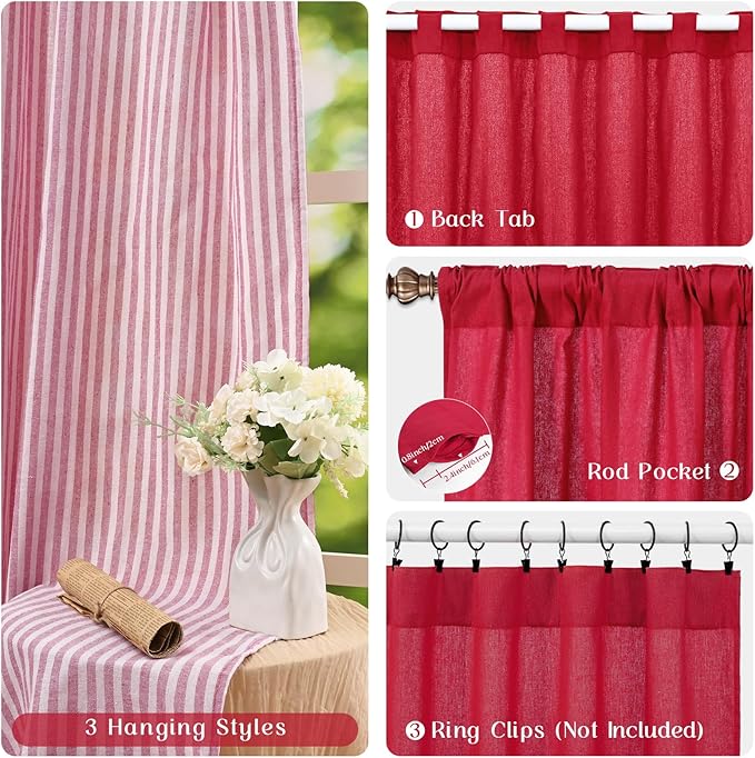 ASPMIZ Farmhouse Living Room Curtains Boho, Country Linen Curtains with Rustic Buttons, Rod Pocket & Back Tab Red Striped Curtain for Bedroom Window Curtain Home Decor, 52 x 63 Inch, 2 Panels