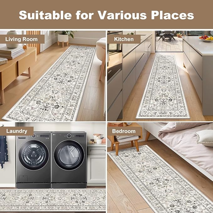 LOKHOM Washable Runner Rug, 2x8 Non-Slip Vintage Hallway Runner Rug with Rubber Backing, Boho Floral Soft Faux Wool Kitchen Rug Carpet Runner for Laundry Entryway Bedroom (Cream White)