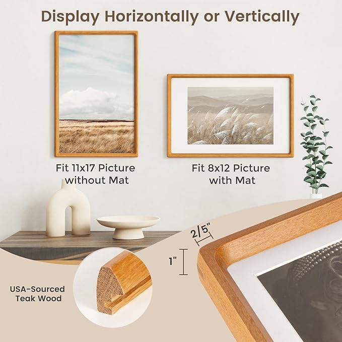 11x17 Picture Frame, USA-Sourced Teak Wood Photo Frames with HD Tempered Glass, Handcrafted Rounded Corner 11 x 17 Wooden Frame Matted to 8x12 Photos, 11x17 Frames, Tabletop or Wall Display