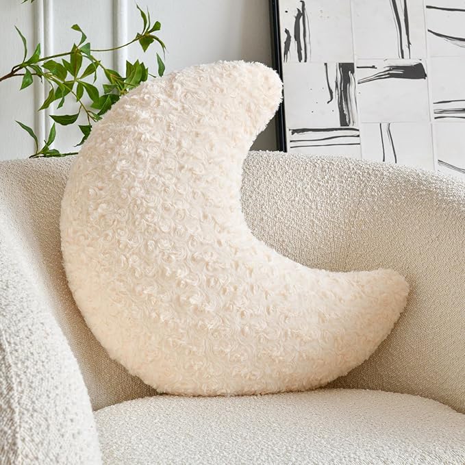 Moon Shaped Pillow with Soft Faux Fur for Couch, Bed, Sofa - Cute Half Moon Pillows with Room Decor for Bedroom, Living Room (19 Inches, Beige)