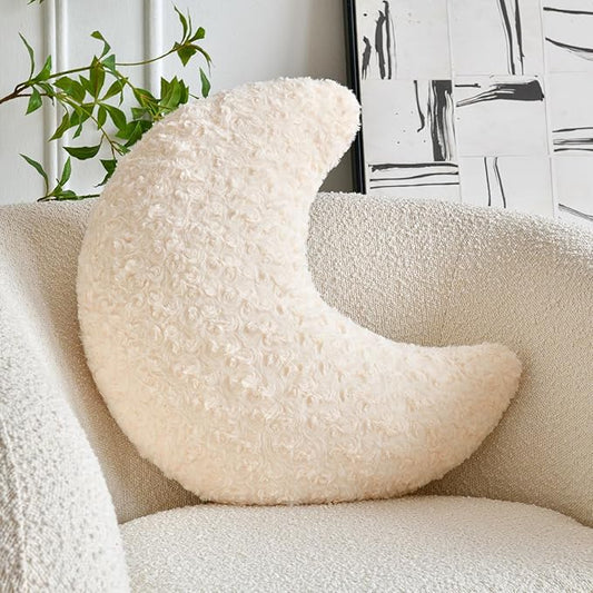 Moon Shaped Pillow with Soft Faux Fur for Couch, Bed, Sofa - Cute Half Moon Pillows with Room Decor for Bedroom, Living Room (14.9 Inches, Beige)