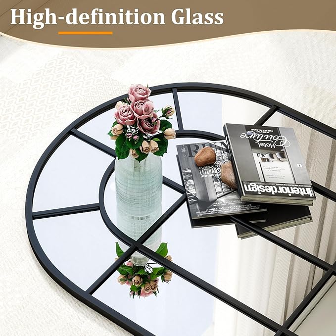 24"×36" Windowpane Arched Wall Mirror, Grid-Designed Decorative Farmhouse Wall Mounted Mirror with Metal Frame Hanging Leaning for Entryway, Living Room, Home Decor, Black