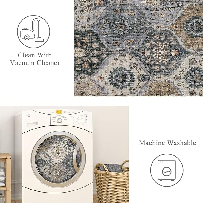 Lahome Moroccan Trellis Washable Area Rug, 5x7 Rugs for Living Room Indoor Non-Slip, Large Oriental Accent Throw Carpet for Bedroom Entryway Bathroom Office Elise, Grey