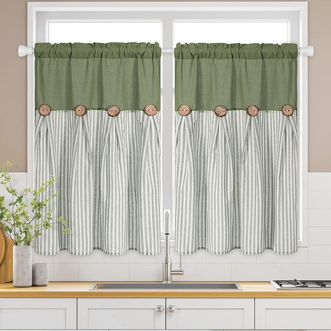ASPMIZ Boho Linen Kitchen Curtains 36 Inch Length, Farmhouse Kitchen Window Curtain Over Sink, Green Stripe Short Curtains for Small Windows, Bathroom, Rod Pocket Window Treatment Tiers with Button