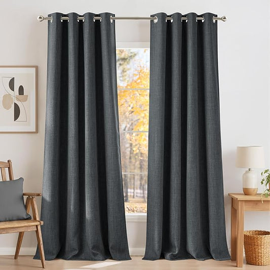 NICETOWN Faux Linen Charcoal Gray Blackout Curtains 84 inches Long for Living Room - Privacy Panels for Bedroom, Modern Farmhouse Style Easy Care Grommet Top, 2 Panels, W52 by L84