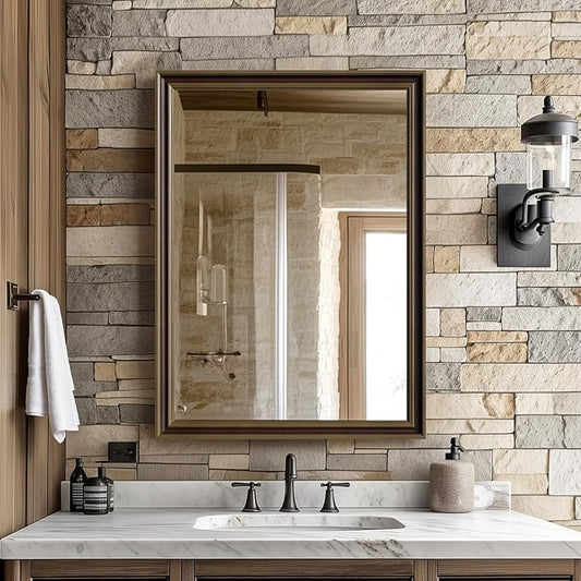Retro Copper Effect Framed Wall Mirror, 22x30 Rectangle Mirror, Anti-desilvering Tempered Glass, Sustainable& Sturdy Frame, Farmhouse Mirror, Anti-Rust, 3min Fast Setup for Bathroom Living Room