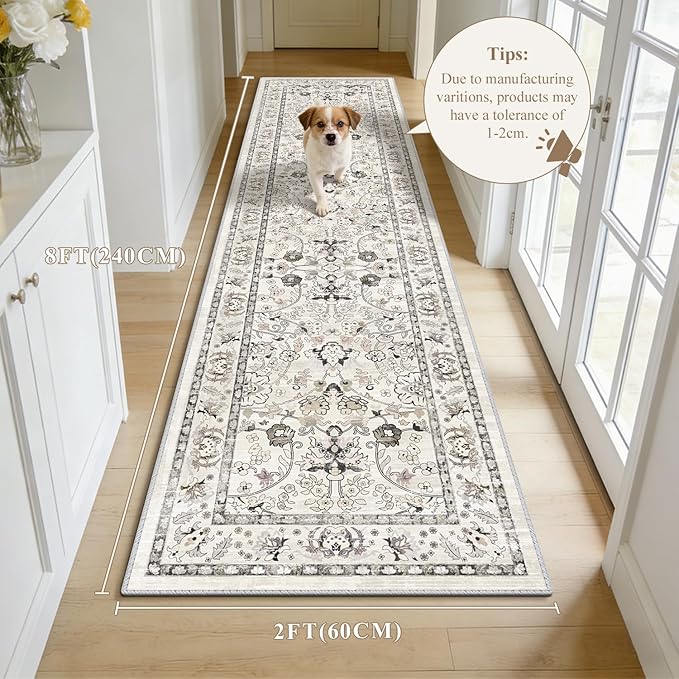 LOKHOM Washable Runner Rug, 2x8 Non-Slip Vintage Hallway Runner Rug with Rubber Backing, Boho Floral Soft Faux Wool Kitchen Rug Carpet Runner for Laundry Entryway Bedroom (Cream White)