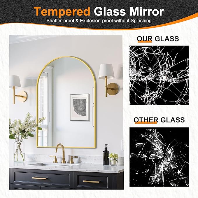 Delma Arched Bathroom Mirror, 24"x36" Wall Mounted Vanity Mirror for Bedroom, Living Room and Entryway, Gold