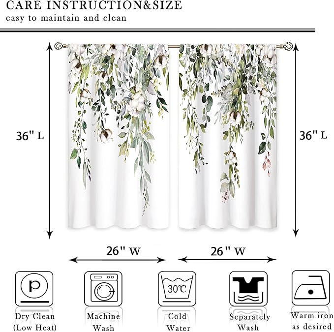 Eucalyptus Botanical Leaves Cotton Farmhouse Floral Small Kitchen Curtains Flower Treatment Wildflower Plant Cafe Short Window Curtains for Bathroom Room Tier Treatment Drapes 26x36 inch