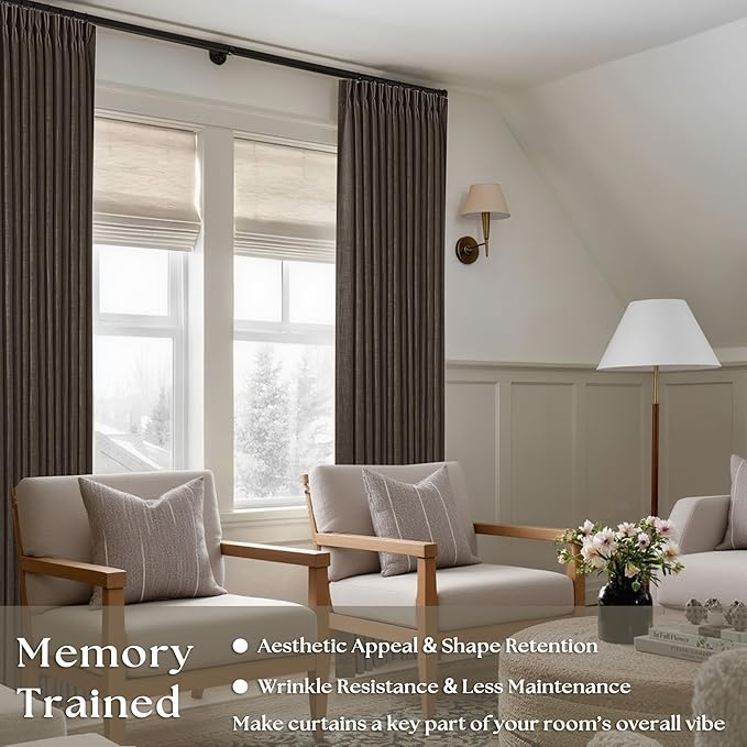 TWODRAPES Dark Chocolate Pinch Pleated Linen Curtains 2 Panels for Living Room Bedroom Memory Training Shaped Semi Sheer Pleat Drapes with Hooks Rings Light Filtering Window Curtain 40x84