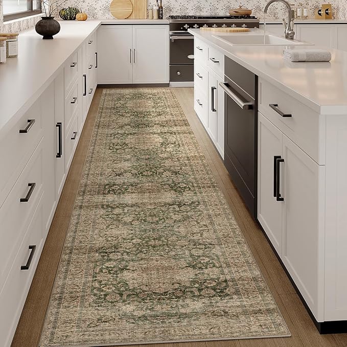 2x10 Washable Runner Rug Green Brown Vintage Non Slip Soft Low Pile Hallway Kitchen Rug Distressed Oriental Carpet for Laundry Bathroom Bedroom Living Room Home Decor