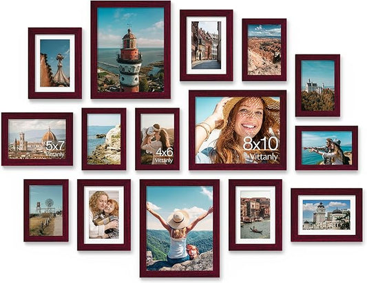 Vittanly 15 Pack Picture Frames Collage Wall Decor for Mounting or Tabletop Display, Gallery Frame Set for Family, Multi Sizes Including 3pcs 8x10, 6pcs 5x7, 6pcs 4x6, Cherry Red