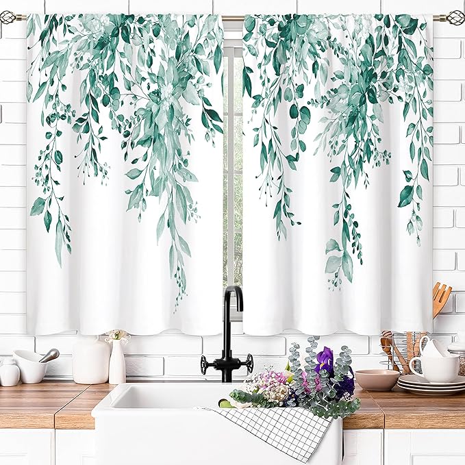 Eucalyptus Botanical Leaves Teal Floral Kitchen Window Curtains Over Sink Farmhouse Flower Leaf Small Window Treatment Cafe Short Curtains for Bathroom Treatment Tier Drapes 27.5x39inch
