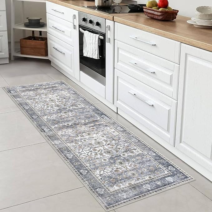 KUTA Vintage Floral Washable Hallway Runner, 2x6 Runners for Hallways Non-Slip Kitchen Rugs Grey Blue Ultra Thin Soft Printed Distressed Oriental Floor Carpet for Laundry Bedroom Living Room Nursery