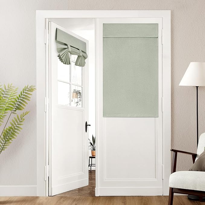 HOMEIDEAS 100% Linen Blackout French Door Curtains, Privacy Door Window Curtains, 26 X 40 Inch Room Darkening Blinds, Thermal Insulated Shades for Bedroom, 1 Panel, Sage Green