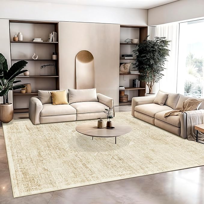 Soalmost Washable Area Rug 10x14, Large Soft Rugs for Living Room Vintage Beige Rug 10x14 Area Rugs for Bedroom Dining Room Floral Non-Slip Thin Rug