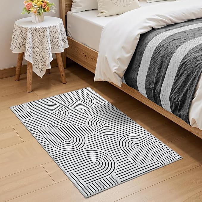 Washable Rug 2x3 Area Rugs for Entryway, Abstract Rug for Bedroom, Soft Rainbow Non Slip Small Area Rug with Rubber Back, Low Pile Stain Resistant Boho Geometric Carpet for Dining Room, Blackwhite