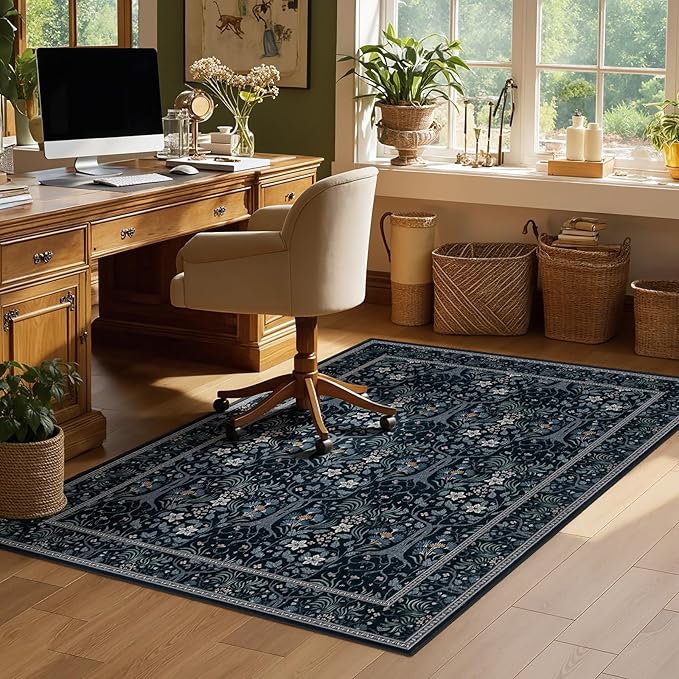 Joydeco Washable Black 4x6 Area Rugs for Living Room Bedroom, Boho Floral Vintage Rug Non Slip Stain Resistant Indoor Floor Dining Room Throw Carpet for Office Entrance Kitchen