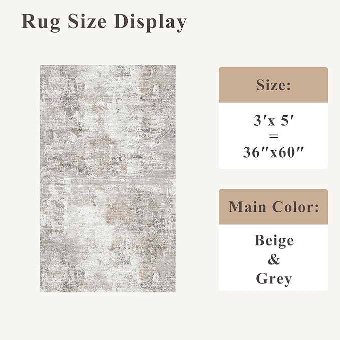 Washable 3x5 Entryway Rug - Non-Slip Soft Low-Pile Thin Small Area Rugs for Kitchen Bedroom Living Room Hallway – Modern Abstract Neutral Door mat Indoor（Beige Grey）