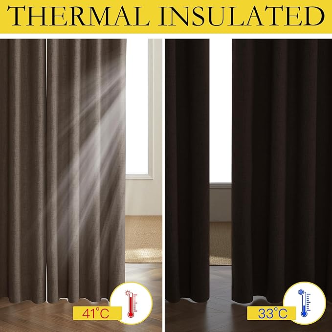 NICETOWN Coffee Vintage Linen 100% Blackout Curtains for Living Room, Thermal Insulated Curtains 102“ Long, Noise Reducing Window Treatment Drapes for Home Office, 62" Wide Per Panel, Set of 2