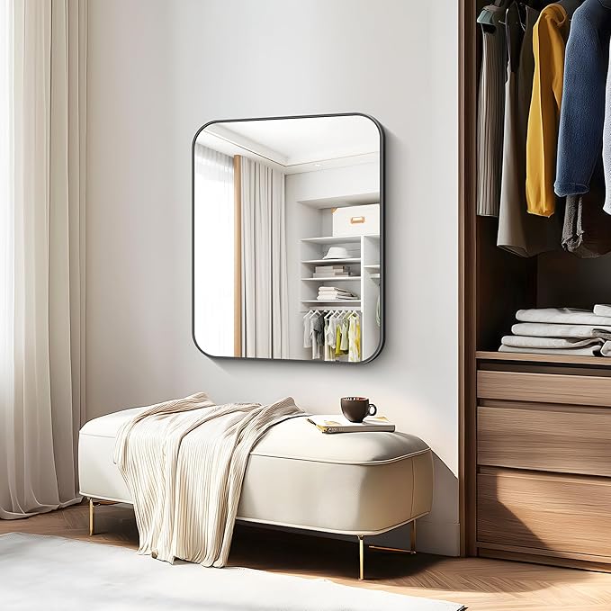 Bathroom Mirror, 30 x 24 inch Metal Framed Black Rectangle Mirror, Rounded Corner Rectangular Vanity Mirror, Wall Mounted Mirror for Modern Bedroom Living Room Hangs Horizontal or Vertical