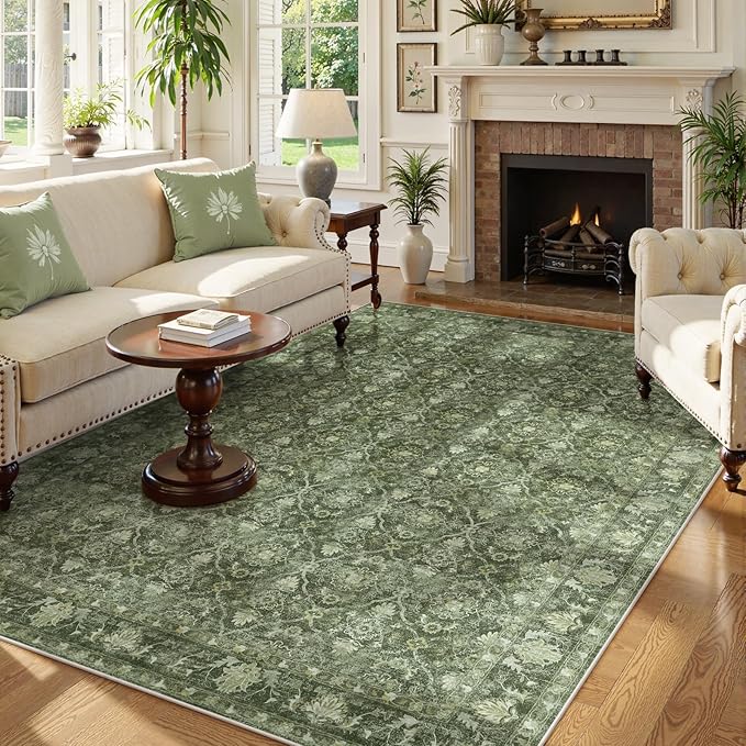 Hedlive 5x7 Area Rugs for Bedroom, Washable Green Living Room Rug Non Slip, Soft Low Pile Moroccan Rug, Boho Emerald Carpet for Dining Guest Room Office Playroom Nursery (5'x7', Dark Green)