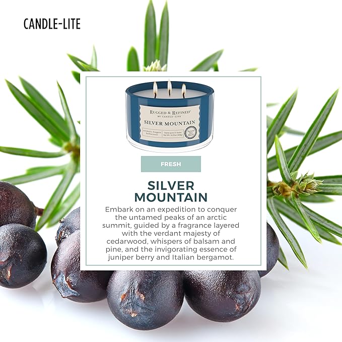 Candle-Lite Scented Candles for Men, Silver Mountain Fragrance, 16.25 oz Jar, 3-Wick, 51 Hours of Burn Time, Masculine Aromatherapy with Long Lasting Scent, Ideal Gift for Father's Day and Home Decor