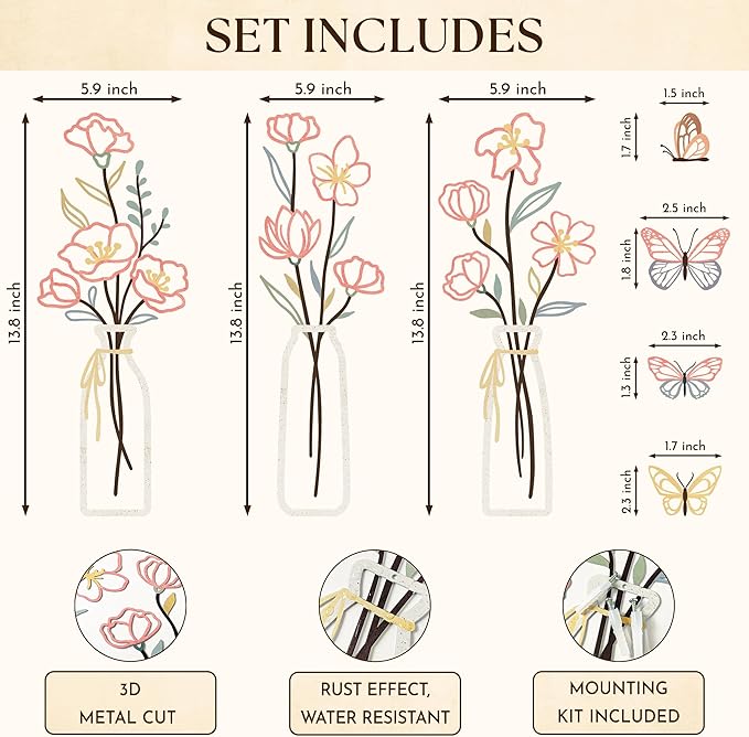 97 Decor 3 Piece Metal Flower Wall Art - Floral Metal Wall Sculptures For Living Room Decorations, Rustic Farmhouse Decor Minimalist Art, Boho 3d Flowers Walls Decors For Bathroom Kitchen Bedroom