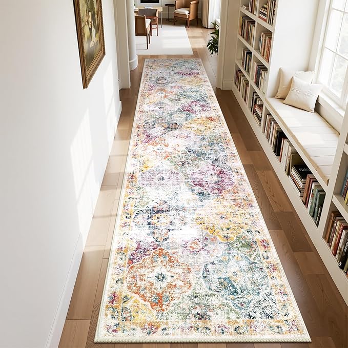 Ileading Washable Hallway Runner Rugs, 2x10 Non Slip Runners Area Rug for Entryway Kitchen Bathroom Bedroom Laundry Living Room, Long Narrow Low-Pile Floor Carpet Boho Vintage Throw Mat for Kids Room