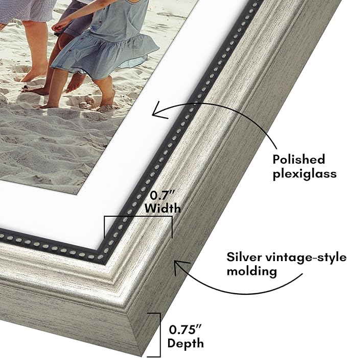 Americanflat Vintage Frames - 12x18 Poster Frame with Beaded Accents and Polished Plexiglass - Use as 11x17 Frame or Display 12x18 Photos Without Mat - Heirloom Collection - Wall Display - Silver