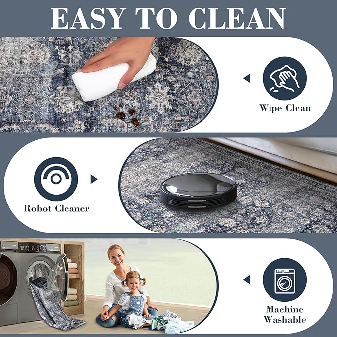 GarveeHome Runner Rugs 2x6 Vintage Printed Hallway Rugs with Non-Slip Backing, Stain-Resistant Oriental Area Rugs, Washable Farmhouse Low Pile Rugs for Kitchen, Laundry, Blue