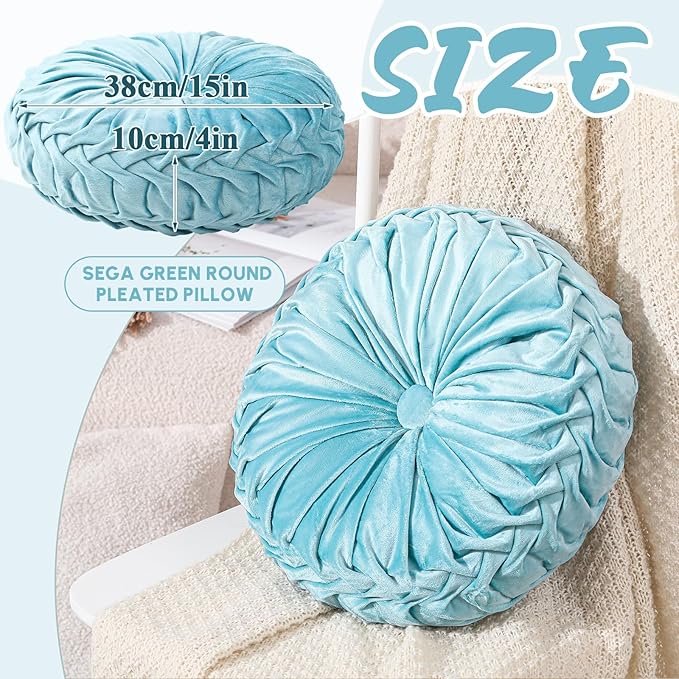 Drydiet 1 Pcs Round Throw Velvet Pillows Decorative Pleated Throw Pillows 15'' Diameter Accent Pumpkin Boho Chair Cushion for Couch Sofa Home Decoration (Aqua)