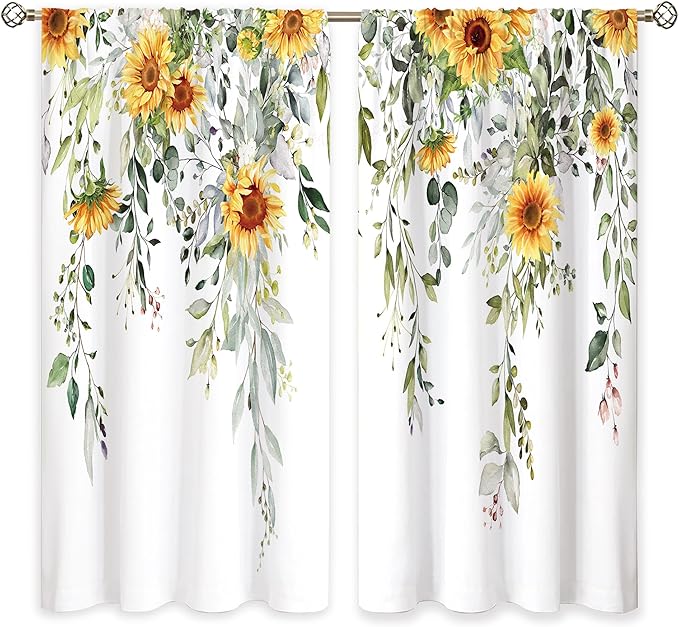 Farmhouse Sunflower Eucalyptus Botanical Leaves Floral Window Curtains Yellow Flower Watercolor Plant Wildflower Curtain Drapes Herb Curtains for Bedroom Living Room Treatment 42Wx63H Inch