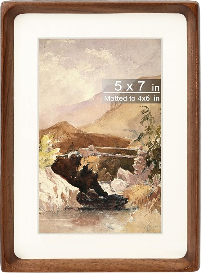 5x7 Picture Frame with Mat for 4x6, Natural Walnut Wood Handcrafted Rounded Corner with Real Glass, Vertical or Horizontal Display Photo Gallery Wall & Tabletop Frame