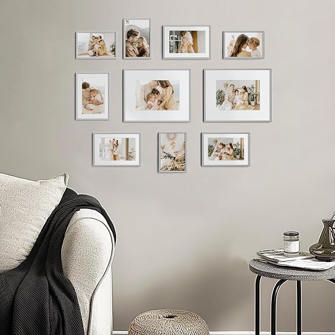 eletecpro Aluminum Gallery Wall Frame Set of 10, Including 2Pcs 8x10, 4Pcs 5x7, 4Pcs 4x6 Photo Frames for Wall or Tabletop Display, Multiple Sizes Picture Frames Collage Wall Decor, Silver