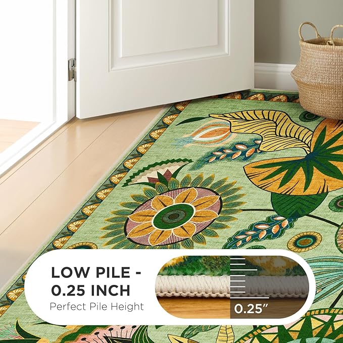 Joydeco Egypt Floral Area Rugs 9x12 Living Room, Large Sage Green Washable Carpet for Bedroom Playroom, Boho Vintage Non Slip Indoor Throw Rug for Dining Room Nursery Dorm Classroom, Green