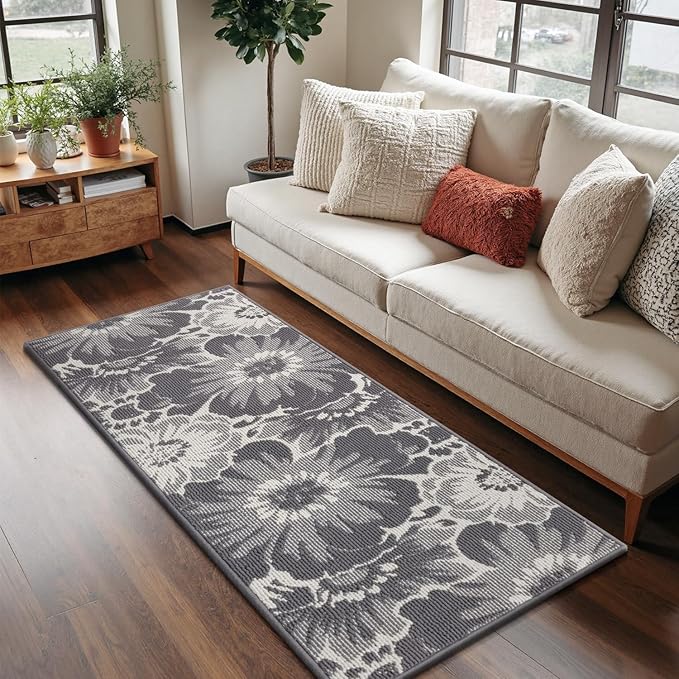 Findosom Hallway Runner Rug 2x6, Non Slip High-Low Textured Floral Washable Runner Rug with Rubber Backing, Boho Carpet Runner for Kitchen, Entryway, Bedroom, Laundry, Gray