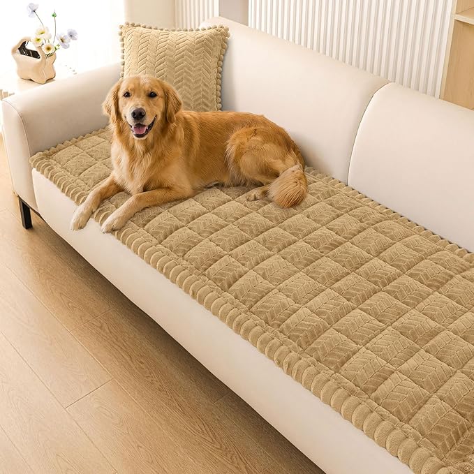 Smiry Non Slip Couch Covers for Dogs, Fuzzy Pet Couch Covers for 3 Cushion Sofa Pet Friendly, Soft Sofa Slipcovers Cushion Furniture Protector Washable (Camel, 27.6" x 82.7")