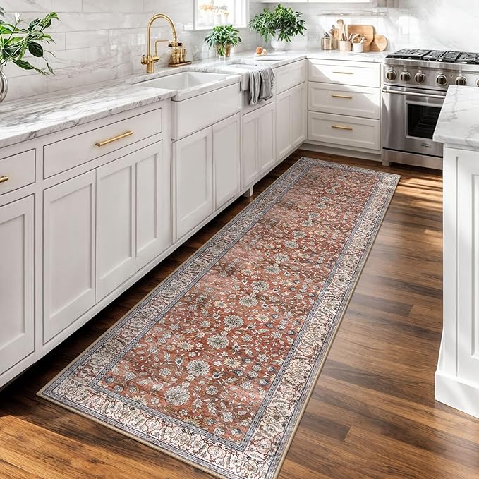 KUTA Vintage Washable Runner Rug, 2x7 Red Clay Runners for Hallways Non-Slip Kitchen Rugs Ultra Thin Soft Printed Distressed Oriental Floral Floor Carpet for Laundry Bedroom Living Room Nursery