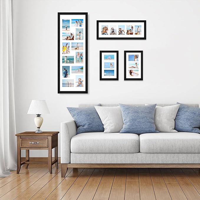 8x24 Picture Frame 2 Pack, Rustic Black Wood Frame with Tempered Glass, Display Pictures Multiple Five 4x6 With Mat or 8 x 24 Without Mat - Horizontal or Vertical Wall Mounting